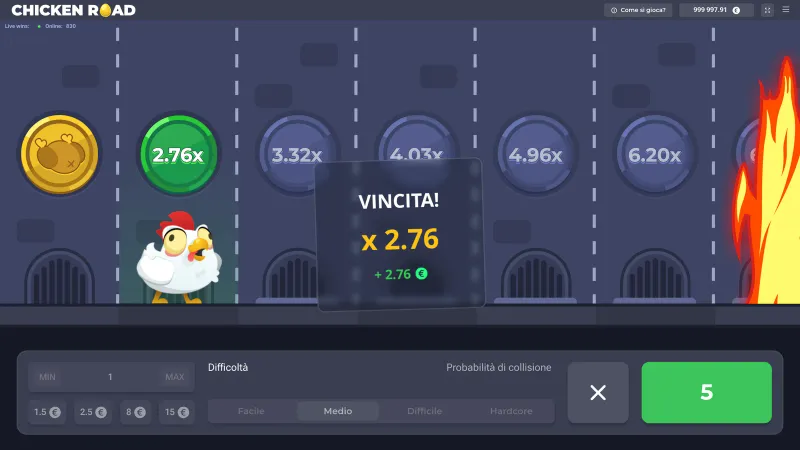Gioco automatico in corso: la gallina è alla linea 7, compare VINCITA! x2,76, il bottone verde mostra 5 partite e accanto c'è la X per fermare