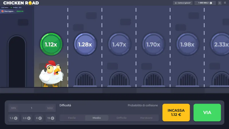 Chicken Road dopo aver premuto Gioca: la gallina è sulla prima linea a 1,12x e il bottone giallo dice INCASSA 1,12 euro