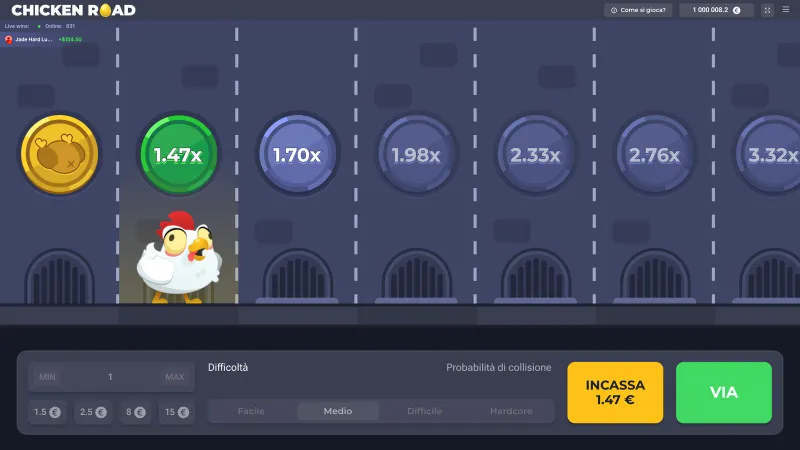Chicken Road alla terza linea: dietro la gallina un disco è diventato una moneta d'oro, il bottone giallo mostra 1,47 euro