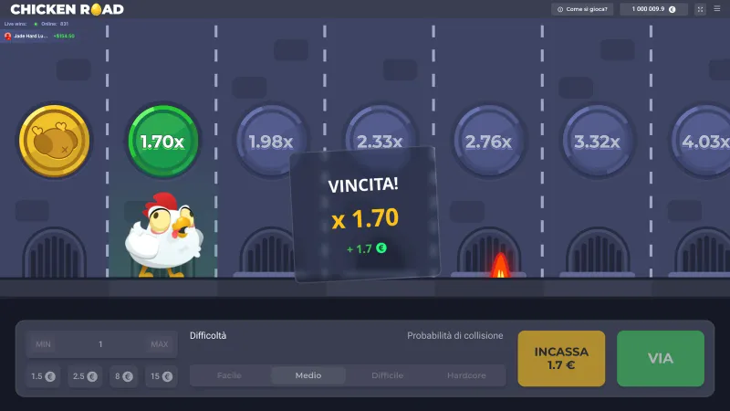 Il messaggio VINCITA! x1,70 al centro della strada di Chicken Road dopo l'incasso alla quarta linea