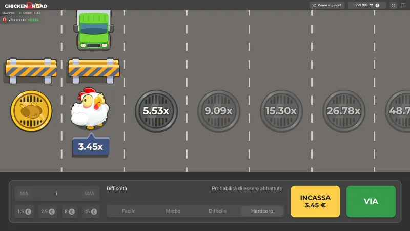 Chicken Road 2 a Hardcore: la gallina alla terza corsia a 3,45x, il bottone giallo mostra 3,45 euro