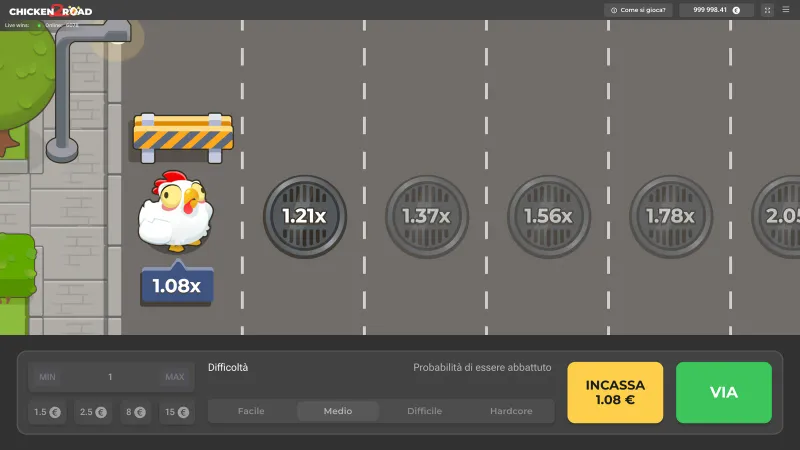 Chicken Road 2 dopo Gioca: la gallina è nella prima corsia sotto una barriera, l'etichetta dice 1,08x e il bottone giallo INCASSA 1,08 euro