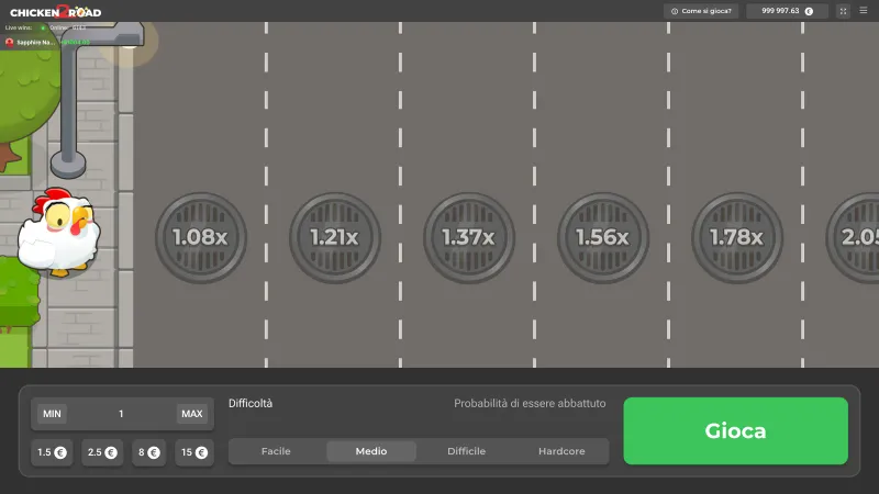 La schermata di Chicken Road 2 nella demo ufficiale, livello Medio, puntata 1&nbsp;€