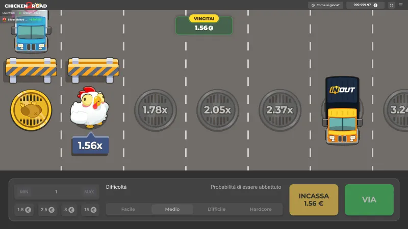 Chicken Road 2: in alto compare il riquadro verde VINCITA! 1,56 euro, la gallina è alla quarta corsia